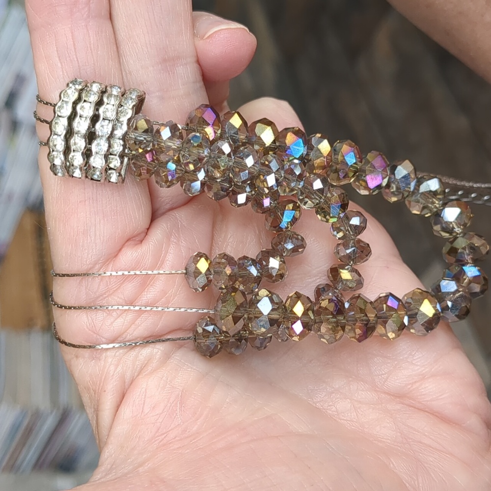 VTG 3-Strand Necklace Glass Beveled Beads Amber Iridescent, Rhinestones Sparkle